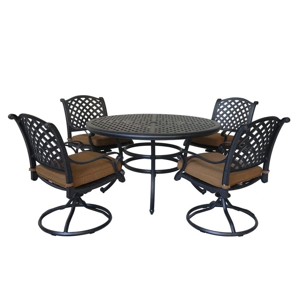 ABQ-CR-SET-2-YB033, Set 2: Dark Lava Bronze Cast Aluminum 5 Piece Round Dining Set With 4 Swivel Rockers